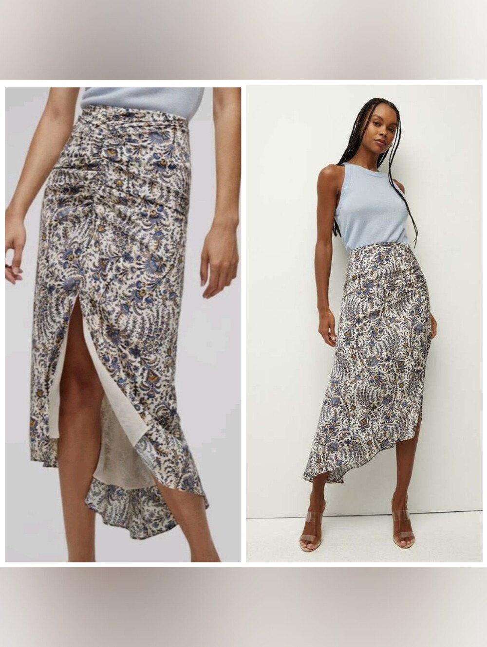 Veronica Beard Women's Silk Pixie Floral Midi Skirt, Size 4, Ruched, White/Blue
